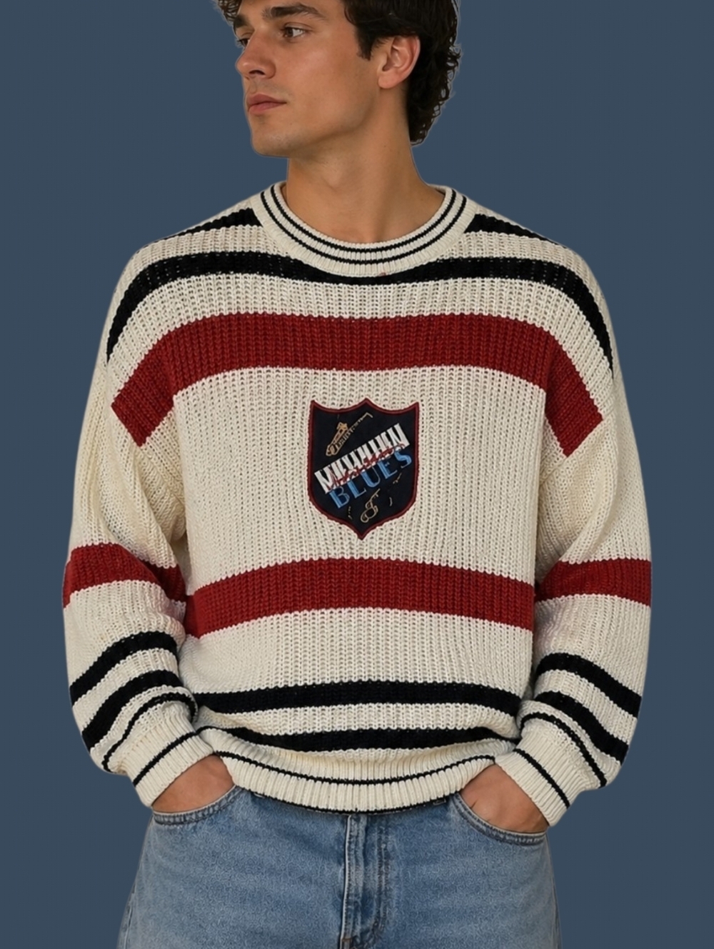 VTG MIXED BLUES 1980s Oversized Varsity Grunge Unisex Pullover Sweater